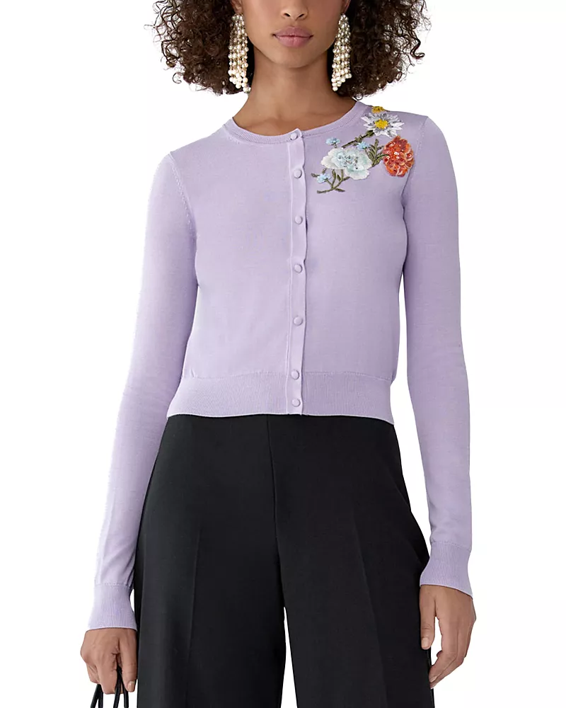 Carolina Herrera Embroidered Silk Crewneck Cardigan