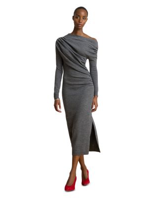 Pleated Wool Off-the-Shoulder Dress