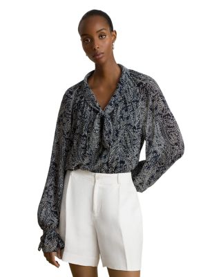 Paisley Georgette Tie Neck Ruffle Blouse