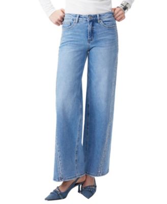  Mid Rise Wide Leg Denim Jeans with Rhinestone Stretch Comfortable in Cosmos