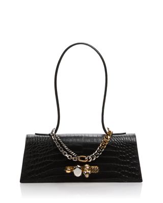 Jewelled Croc Embossed Leather Shoulder Bag