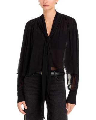 Frame The Belle Sheer Silk Tie Neck Blouse