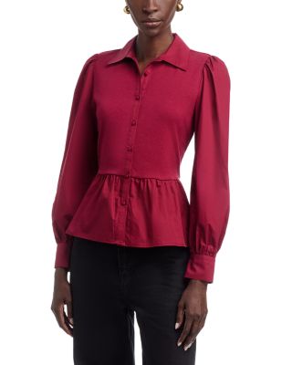 Mixed Media Puff Sleeve Peplum Top