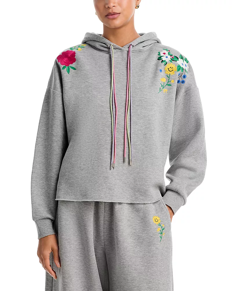 Aqua Cotton Blend Floral Embroidered Hoodie - Exclusive