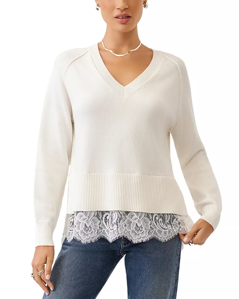 Fifteen Twenty Camila Lace Layered Hem Sweater