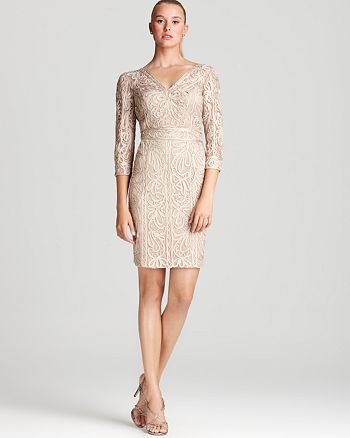 Sue Wong Lace Dress - Three Quarter Sleeve V Neck | Bloomingdale's