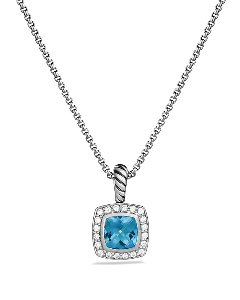 David Yurman Petite Albion Pendant Necklace in Sterling Silver with Blue Topaz and Diamonds, 7mm