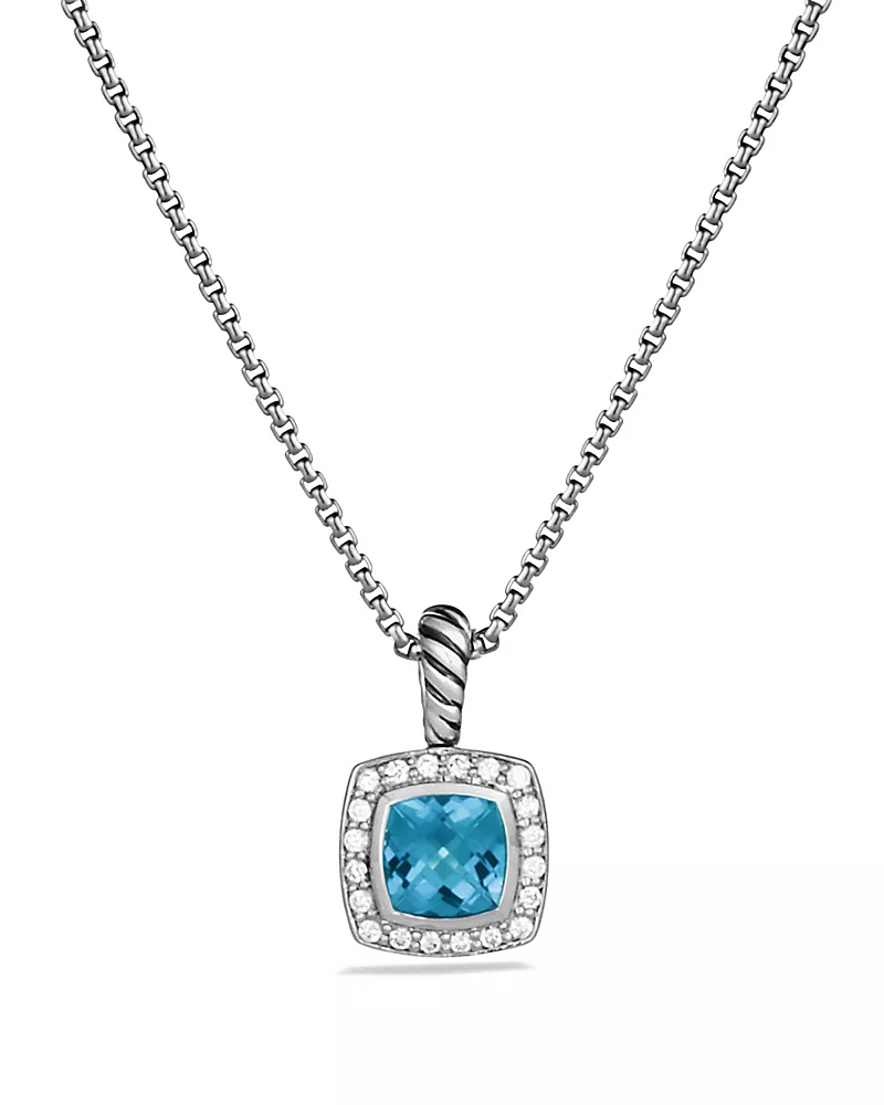 David Yurman Petite Albion Pendant Necklace in Sterling Silver with Blue Topaz and Diamonds, 7mm