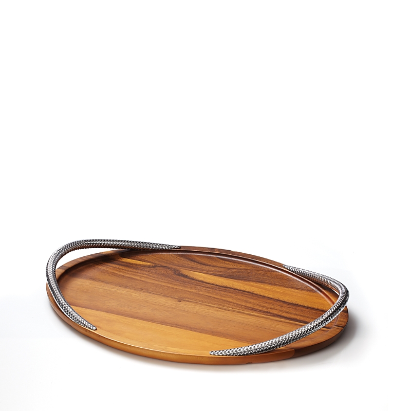 Nambe Braid Serving Tray In Chrome Plate And Acacia Wood