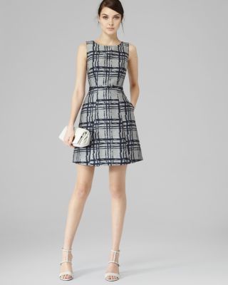 reiss fit and flare dress Reiss Printed Fit and Flare Midi Dress in Black/White