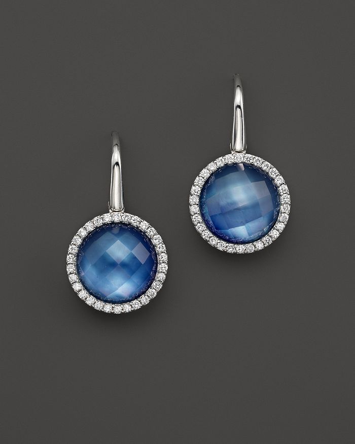 ROBERTO COIN 18K WHITE GOLD FANTASIA BLUE TOPAZ, LAPIS AND MOTHER-OF-PEARL TRIPLET COCKTAIL EARRINGS WITH DIAMOND,473643AWERJX