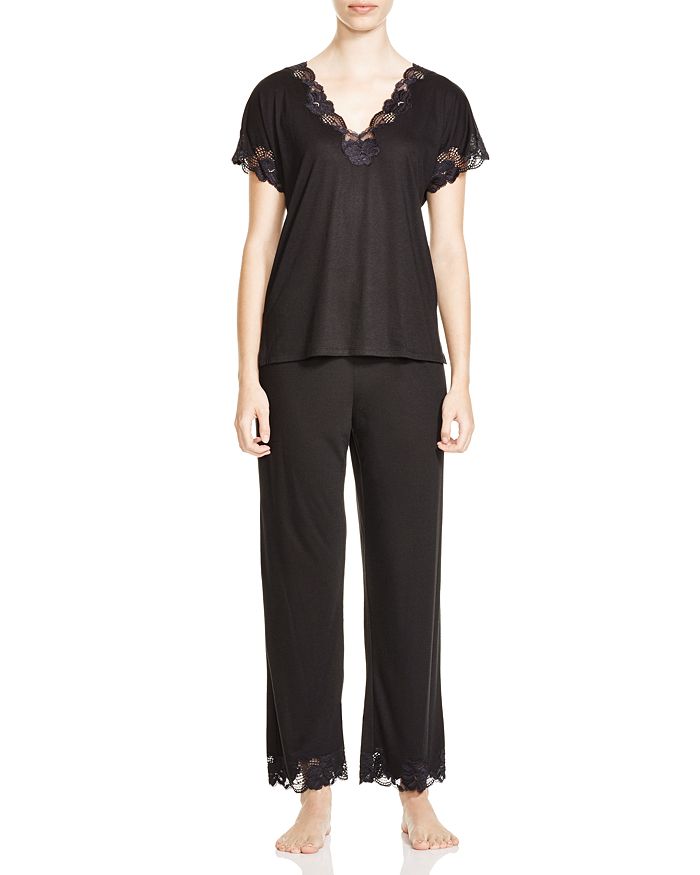 Natori Zen Floral-trim Short-sleeve Pajama Set In Black
