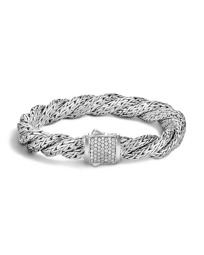JOHN HARDY CLASSIC CHAIN STERLING SILVER MEDIUM FLAT TWISTED CHAIN BRACELET WITH DIAMOND PAVE,BBP998182DIXM