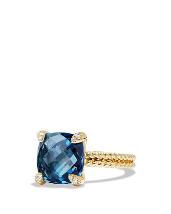 David Yurman - Ch&acirc;telaine Ring with Hampton Blue Topaz and Diamonds in 18K Gold