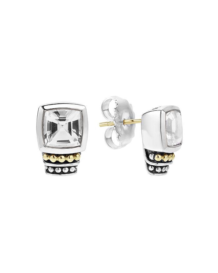 LAGOS 18K GOLD AND STERLING SILVER CAVIAR colour STUD EARRINGS WITH WHITE TOPAZ,01-81516-F