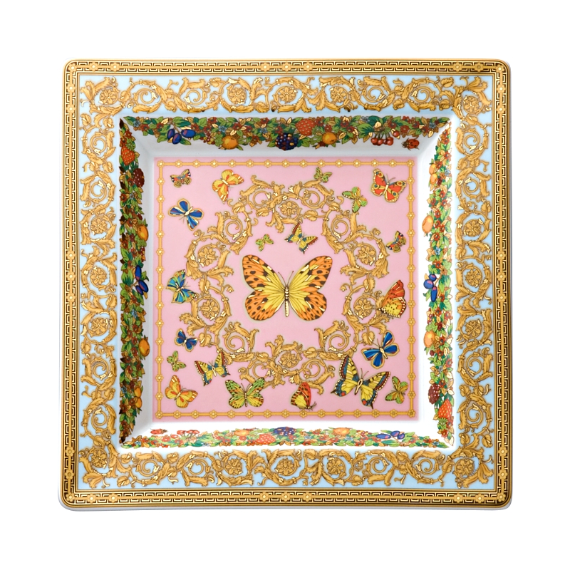 Versace Rosenthal Meets Butterfly Garden 8.5 Square Tray In Gold Multi