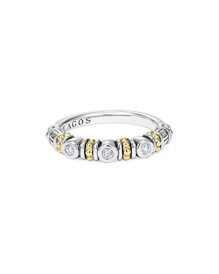 Shop Lagos Sterling Silver Three Diamond Stacking Ring With 18k Gold Stations In Silver/gold