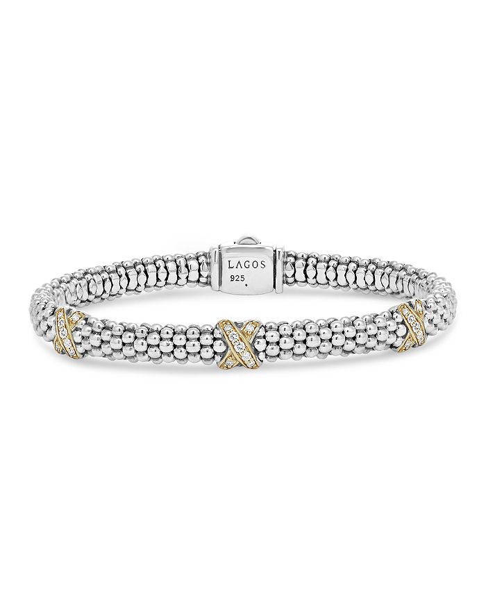 Shop Lagos 18k Gold & Sterling Silver Embrace Diamond Rope Bracelet, 6mm In White/silver
