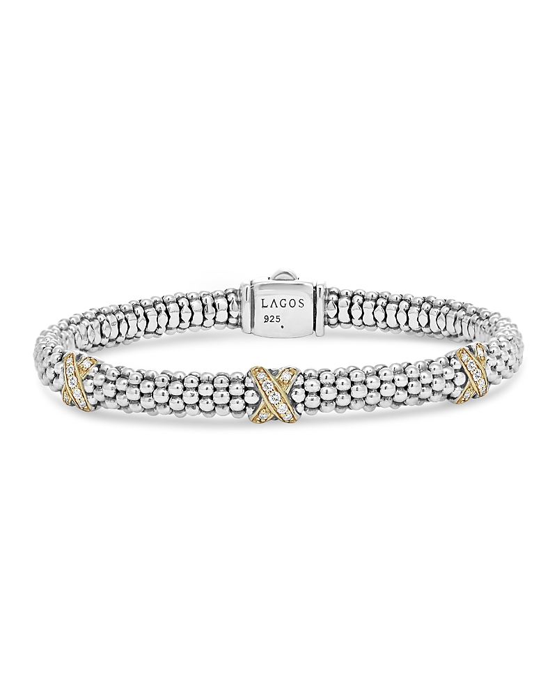 Lagos Sterling Silver & 18K Yellow Gold Caviar Diamond Station Rope Bracelet