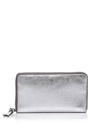 Tory Burch Crinkle Metallic Leather Zip Continental Wallet | Bloomingdale's