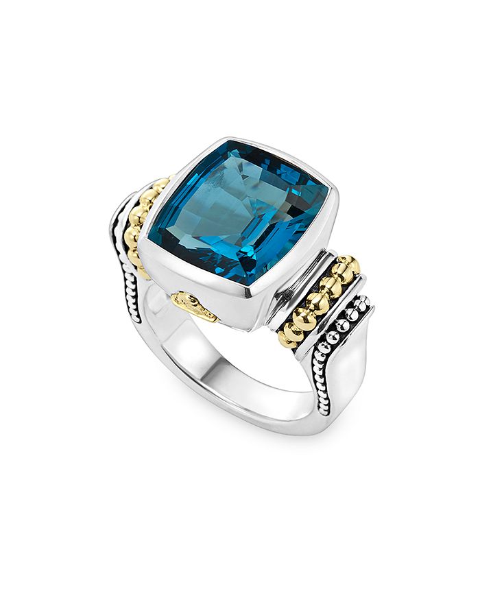 LAGOS 18K GOLD AND STERLING SILVER CAVIAR COLOR BEZEL RING WITH LONDON BLUE TOPAZ,02-80562-B17