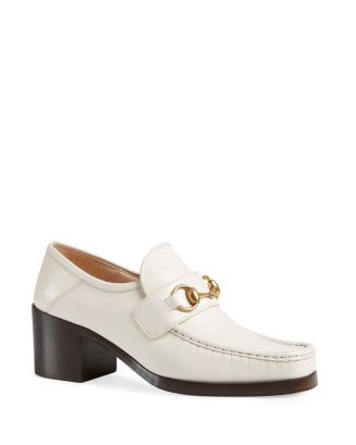 Gucci leather mid heel loafer white online