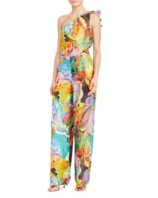 one shoulder floral jumpsuit