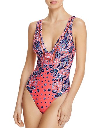 Red Carter Panel Plunge V-Neck One Piece Swimsuit | Bloomingdale's