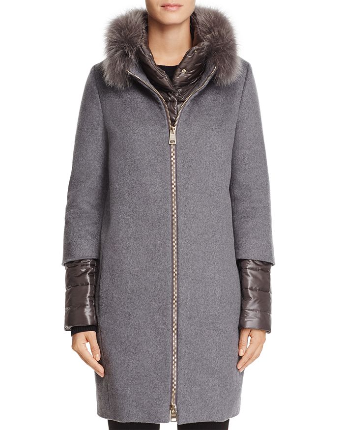 Herno Fox Fur Trim Cashmere Coat In Medium Gray