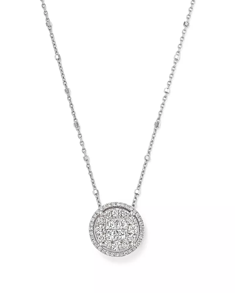 Round and Princess-Cut Diamond Cluster Pendant Satellite Necklace in 14K White Gold, 1.0 tcw