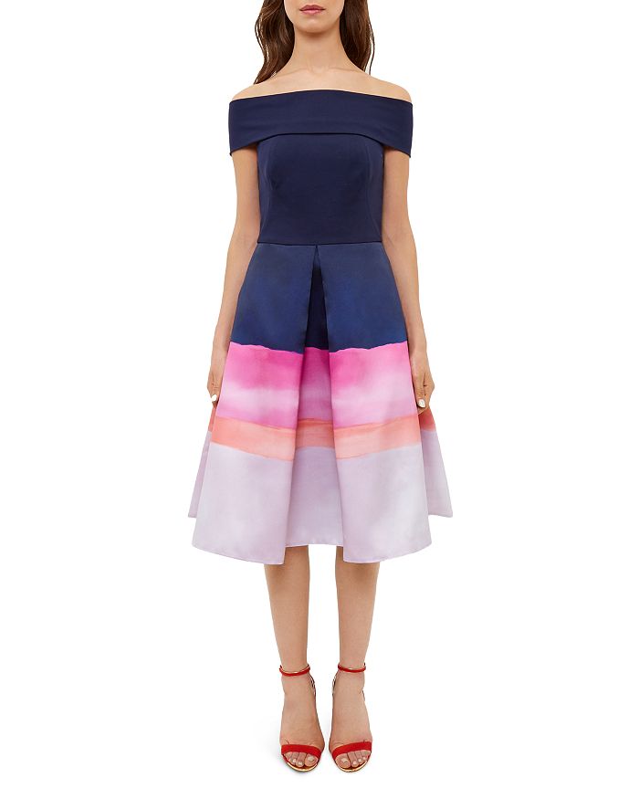 Ted Baker Hollii Off the Shoulder Stripe Jacquard Dress
