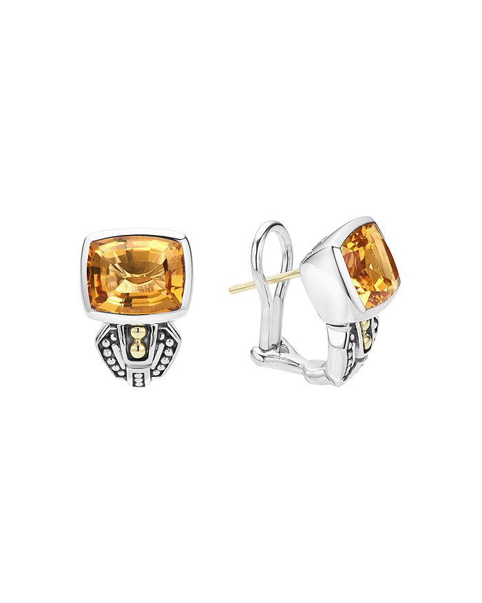 LAGOS 18K GOLD AND STERLING SILVER CAVIAR COLOR CITRINE HUGGIE DROP EARRINGS,01-81515-C