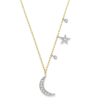 14K White and Yellow Gold Diamond Moon and Star Pendant Necklace, 16