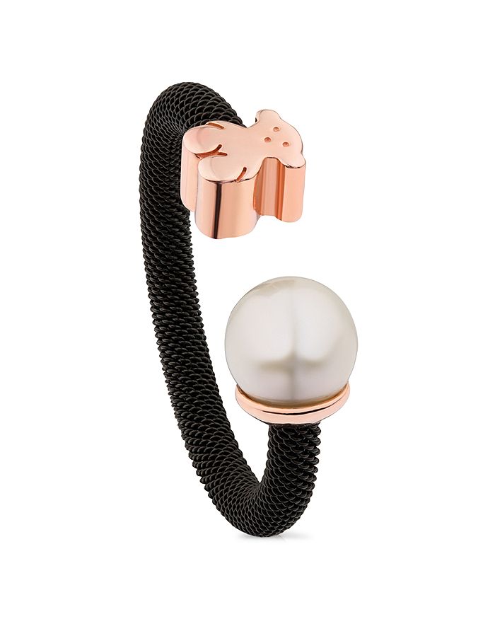 Tous Cultured Freshwater Pearl & Bear Open Ring In Black White And Rose