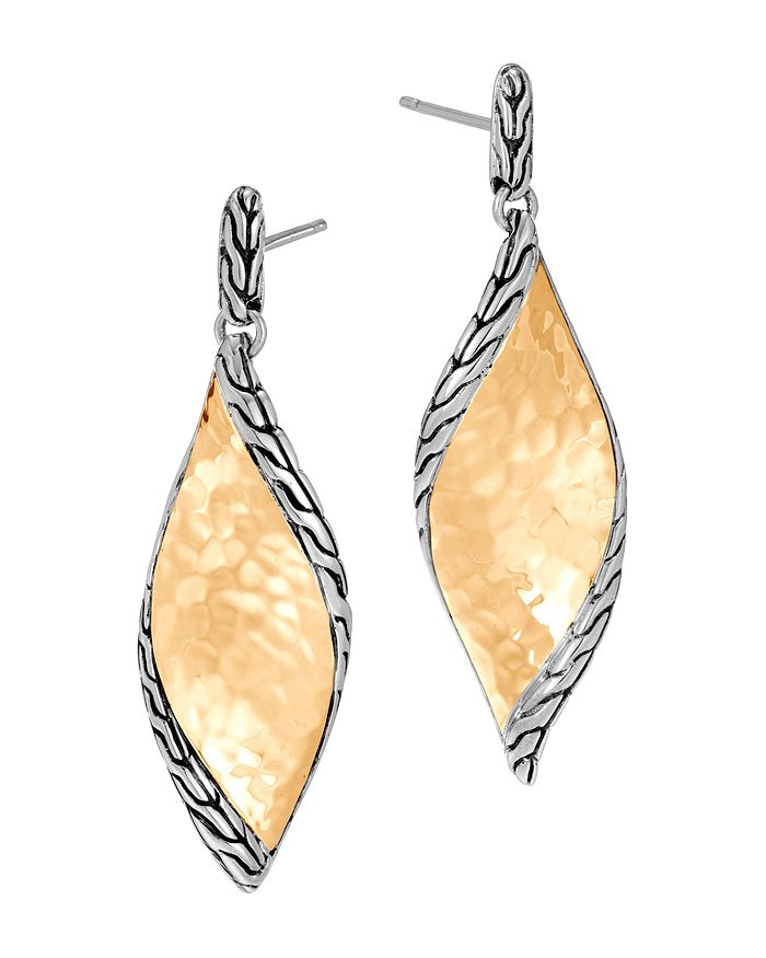 JOHN HARDY STERLING SILVER & 18K BONDED GOLD CLASSIC CHAIN HAMMERED DROP EARRINGS,EZ90081