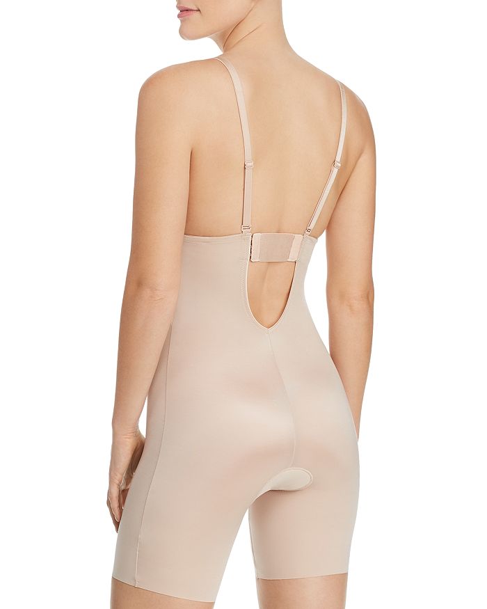 Shop Spanx Suit Your Fancy Plunge Low-back Mid-thigh Bodysuit In Champagne Beige