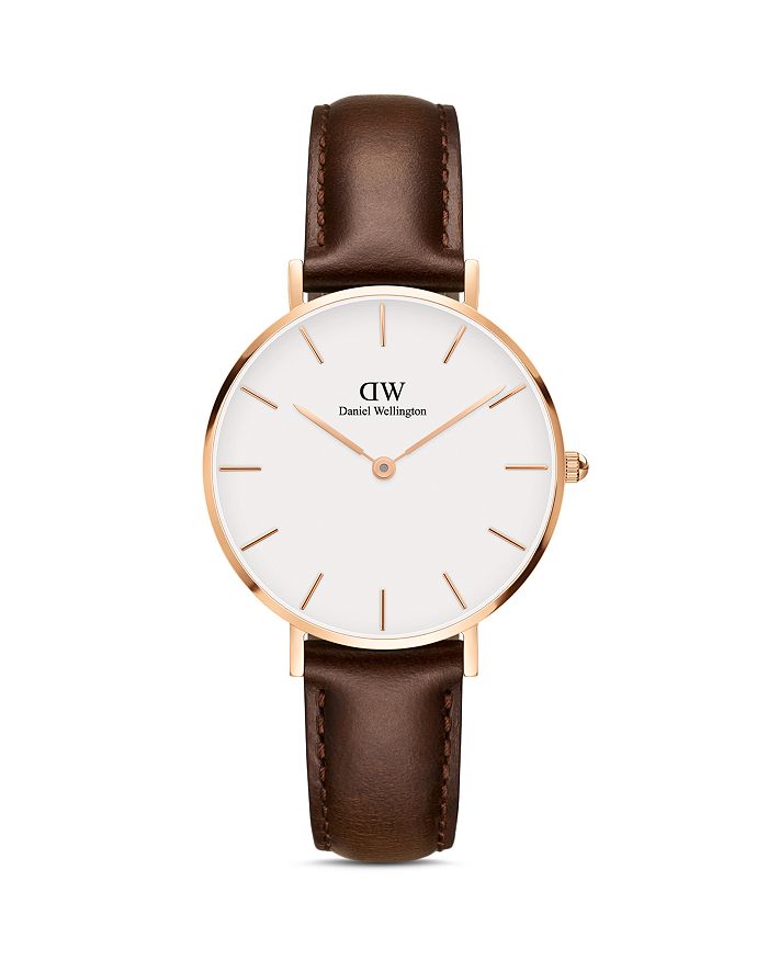 Daniel Wellington Classic Petite Leather Strap Watch, 32mm In White/brown