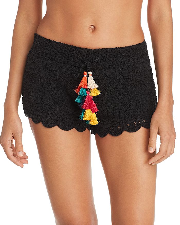 Surf Gypsy Tassel Detail Crochet Shorts In Black