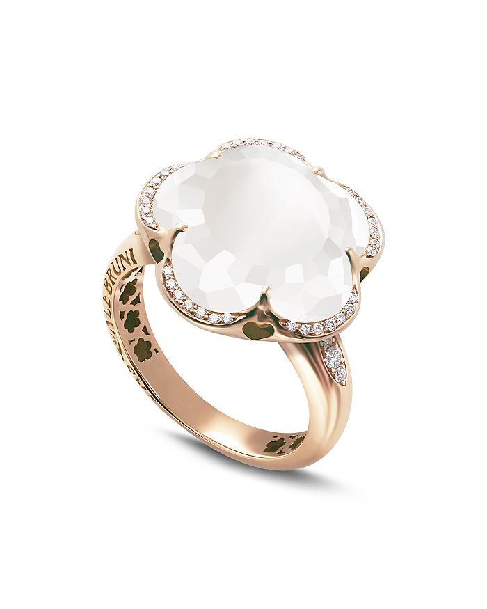 Shop Pasquale Bruni 18k Rose Gold Bon Ton Floral Milky Quartz & Diamond Ring In White/rose Gold