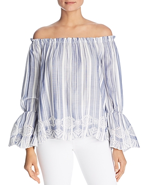 DESIGN HISTORY STRIPED EMBROIDERED OFF-THE-SHOULDER TOP,MPS1014030