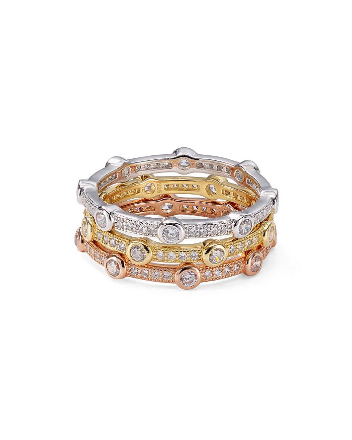 Aqua Stackable Multicolor Pave Rings In Platinum-plated Sterling Silver, 18k Gold-plated Sterling Silver