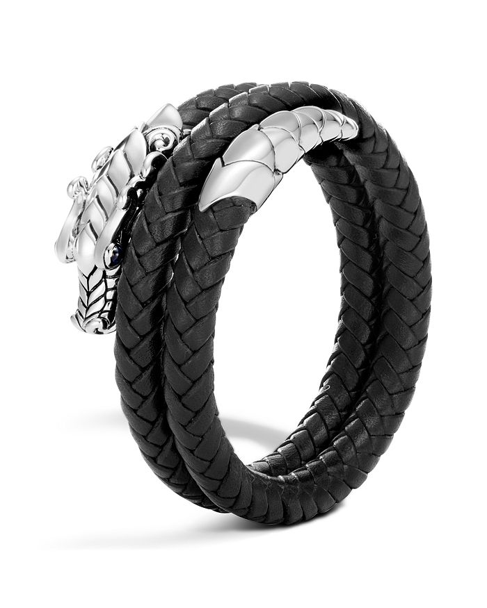 Shop John Hardy Sterling Silver Legends Naga Double Coil Bracelet With Braided Black Leather & Sapphire Eyes In Silver/black
