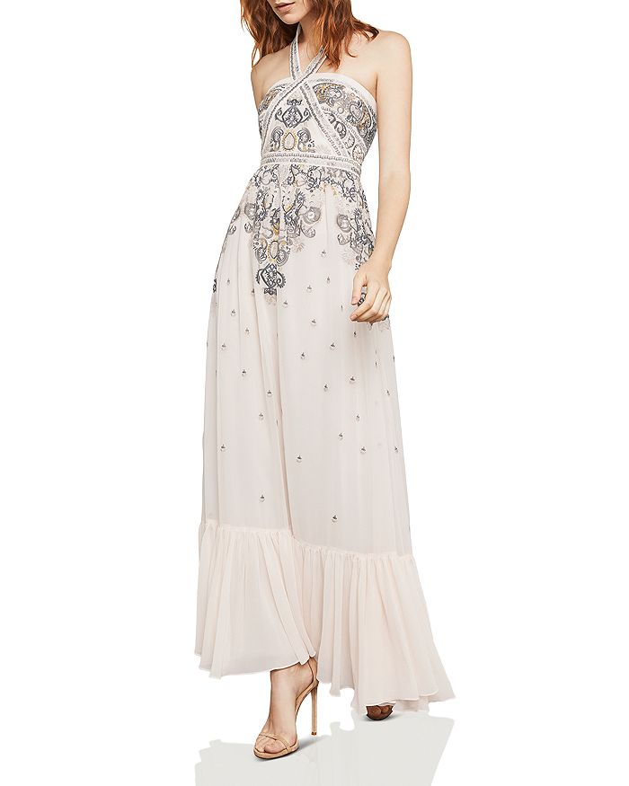 BCBGMAXAZRIA Paisley Embroidered Halter Gown Bloomingdale s