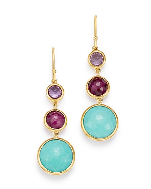 IPPOLITA - 18K Yellow Gold Lollipop Amethyst, Turquoise & Clear Quartz over African Ruby Doublet Three-Stone Drop Earrings