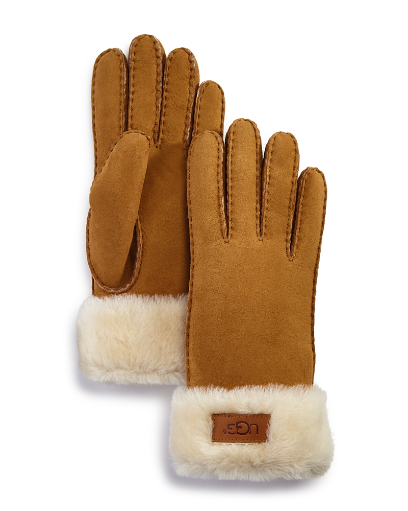 Ugg Logo-embroidered Turn-up Leather And Shearling Gloves In Chestnut