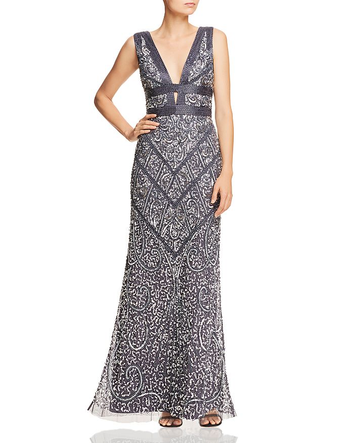 aidan mattox sequin plunge gown