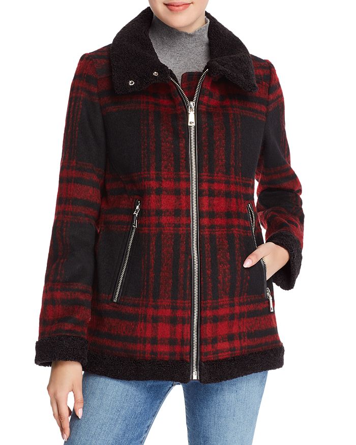 Vince Camuto Faux Shearling Collar Oversized Plaid Jacket In Red Plaid ...