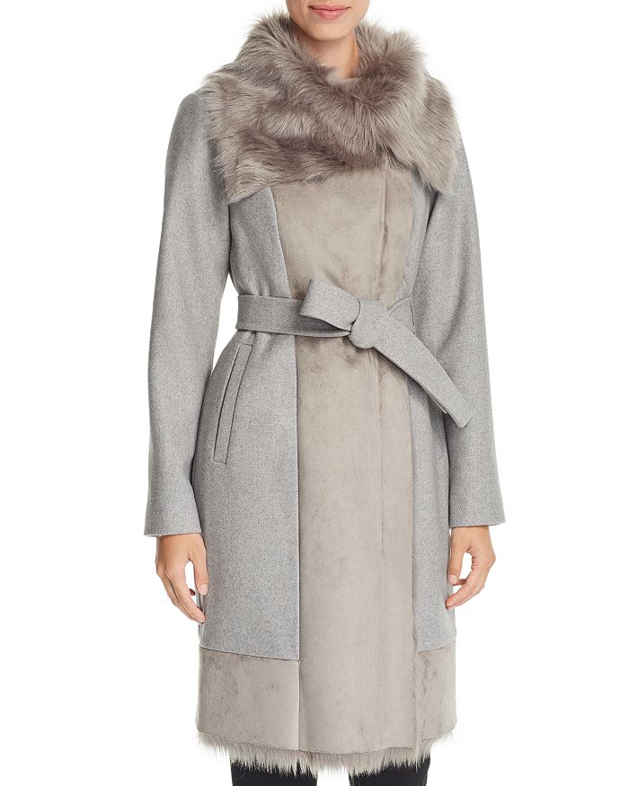 Vince Camuto Faux Fur Trim Belted Wrap Coat In Light Gray