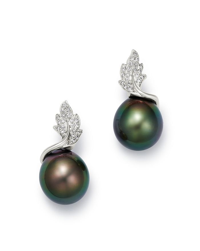 Tara Pearls 14k White Gold Leaf Diamond & Tahitian Cultured Pearl Drop Earrings In Black/white