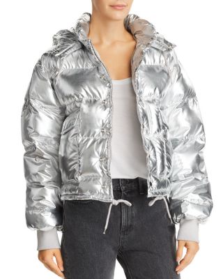 metallic hooded puffer jacket